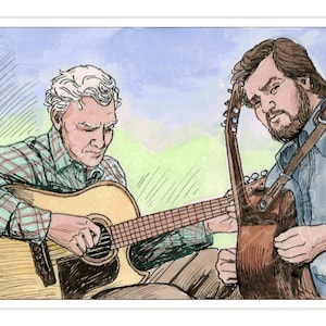 May include: Two people, one with white hair and a beard, are playing acoustic guitars. The person with white hair is wearing a plaid shirt and the person with the beard is wearing a blue shirt. The background is a watercolor wash of blue and green.
