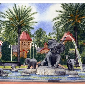 Elephant Fountain, Audubon Zoo, matted giclée print of watercolor, New Orleans