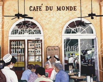 Café Du Monde, matted giclée print of watercolor, New Orleans