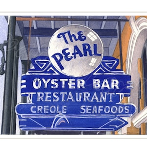 Pearl Oyster Bar sign, matted giclée print of watercolor, New Orleans