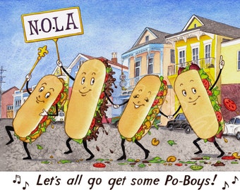 Lets all go get some Po-Boys! Larger matted giclée print of watercolor, New Orleans