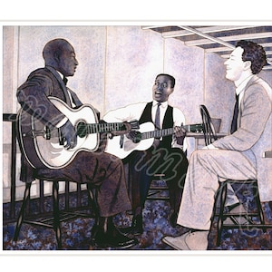 May include: Three men sitting on chairs, two of them playing acoustic guitars. The man on the left is wearing a dark suit and has a serious expression. The man in the middle is wearing a light suit and singing. The man on the right is wearing a light suit and smiling.