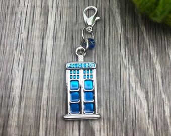 Progress Keeper Dr Who Tardis Charm, Gift for Knitters, Stitch Marker, Lobster Clasp, Knitting Accessory, Blue Telephone Box