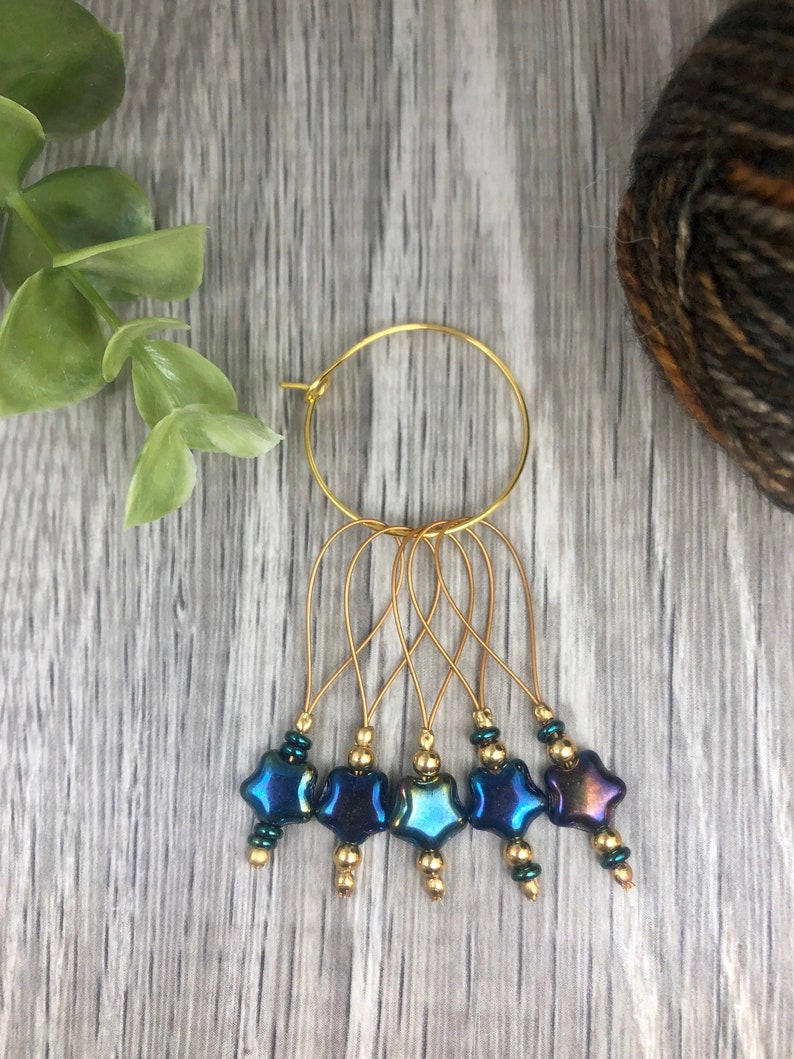 Black Rainbow Iris Star Stitchmarkers, Gift for Knitters, Knitting Accessories, Pressed Czech Glass Beads, Star Beads image 1