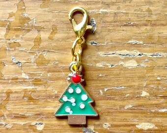 Christmas Tree Zipper Pull, Pine Tree with Red Bells, Stitchmarker, Progress Keeper, Holiday Knitting Crochet, Yarn Jewelry