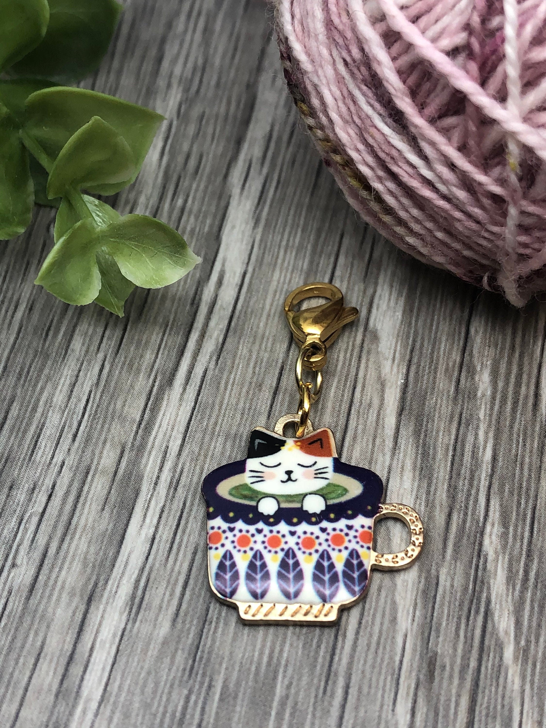 Multicolored Cat on a Teacup Charm, Progress Keeper, Removable
