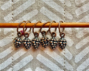 Antique Copper Pine Cones Snagless Stitch Markers, Knitting Accessories, Snag Free Progress Keepers, Yarn Jewelry, Knitters Ideas, Pinecone