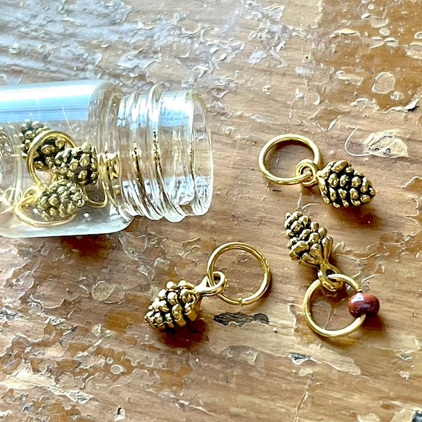 Gold Pine Cones Snagless Stitch Markers, Knitting Accessories, Snag Free Progress Keepers, Yarn Jewelry, Knitters Ideas, Pinecone