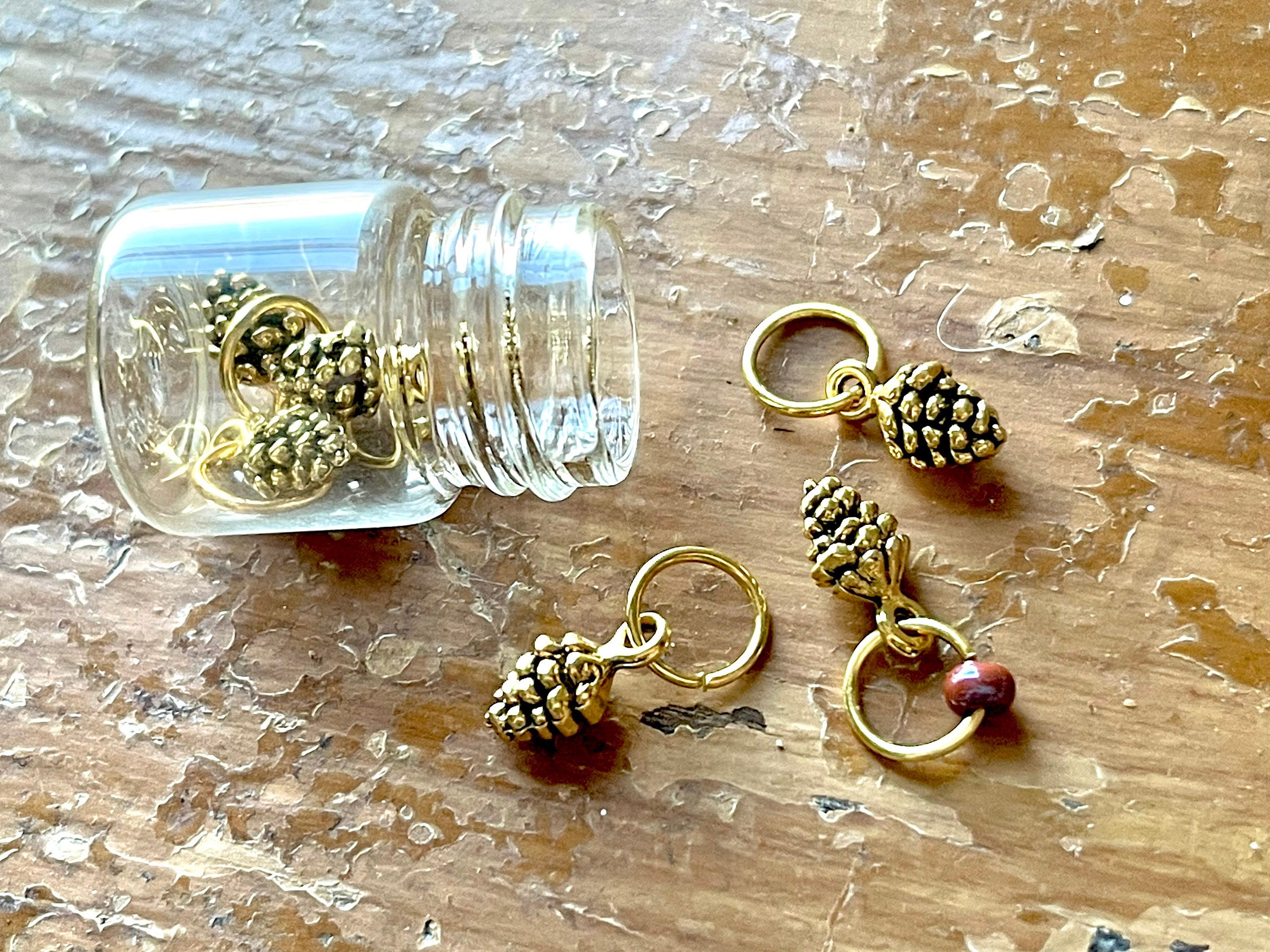 Stitch marker ~ Golden Pine Cone ~ Knitting notions, progress