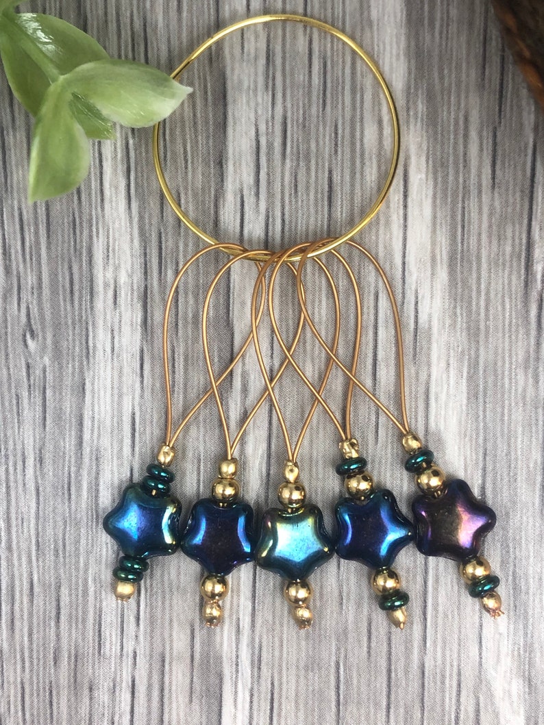 Black Rainbow Iris Star Stitchmarkers, Gift for Knitters, Knitting Accessories, Pressed Czech Glass Beads, Star Beads image 3