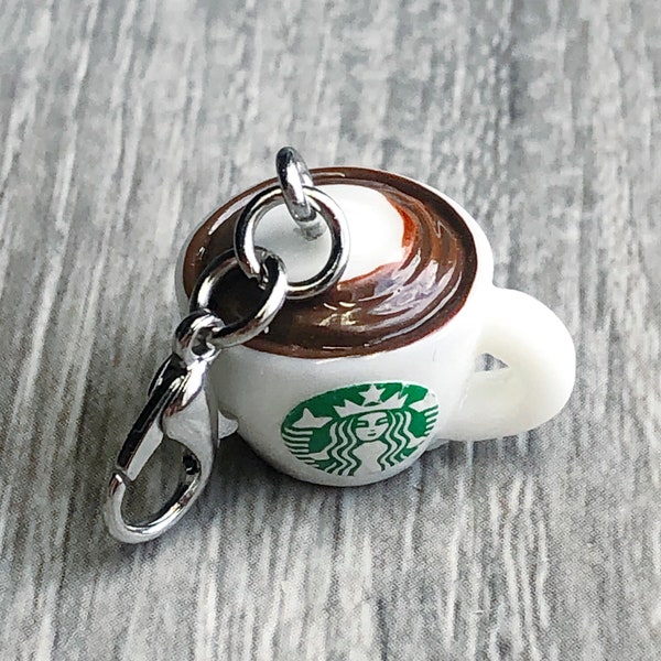 Ooh-la-latte Starbucks Coffee Cup Zipper Pull Charm Progress Keeper Stitch Marker, Cappucino with Clasp, Yarn Jewelry