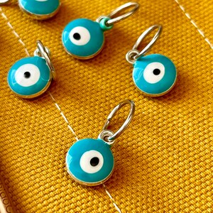 Double Sided Aqua Evil Eye Snag Free Stitchmarkers for Knitters, Knitting Accessories, Blue Progress Keepers, Yarn Jewelry, Knit Gifts