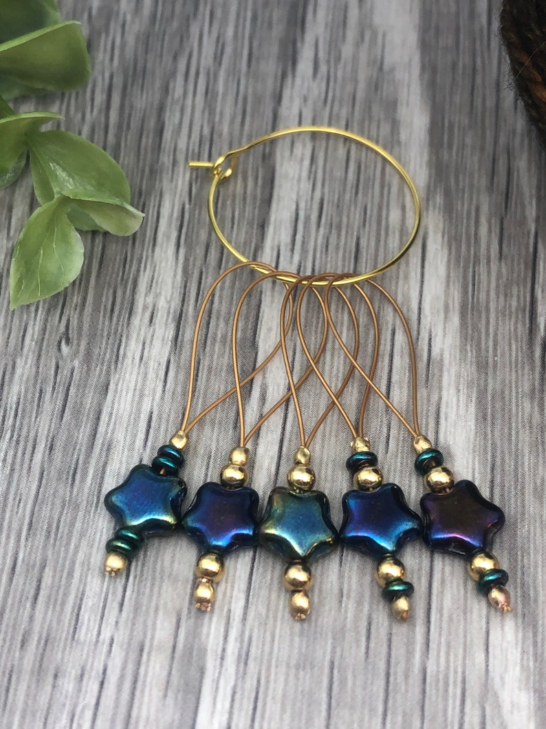 Black Rainbow Iris Star Stitchmarkers, Gift for Knitters, Knitting Accessories, Pressed Czech Glass Beads, Star Beads image 4