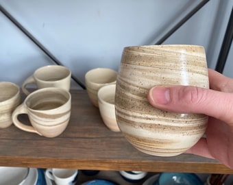 Handmade Ceramic Wine Tumbler, Palomino Swirl Cup, Dimpled 10oz