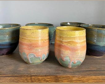 Handmade Ceramic Wine Tumbler, Sunset Dimpled Cup, 10oz