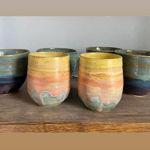 Handmade Ceramic Wine Tumbler, Sunset Dimpled Cup, 10oz