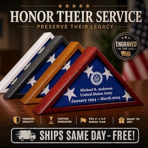 Personalized Veteran Flag Display Case | Solid Wood Burial Flag Holder, Engraved Military Memorial Box