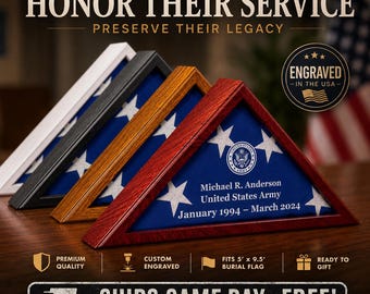 Personalized Veteran Flag Display Case | Solid Wood Burial Flag Holder, Engraved Military Memorial Box