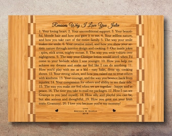 Reasons Why I Love You on Bamboo Cutting Board, Present Love, Valentines Day, Gift for Him/Her, Anniversary, 12"x8" Bamboo, FREE DESIGN!!!