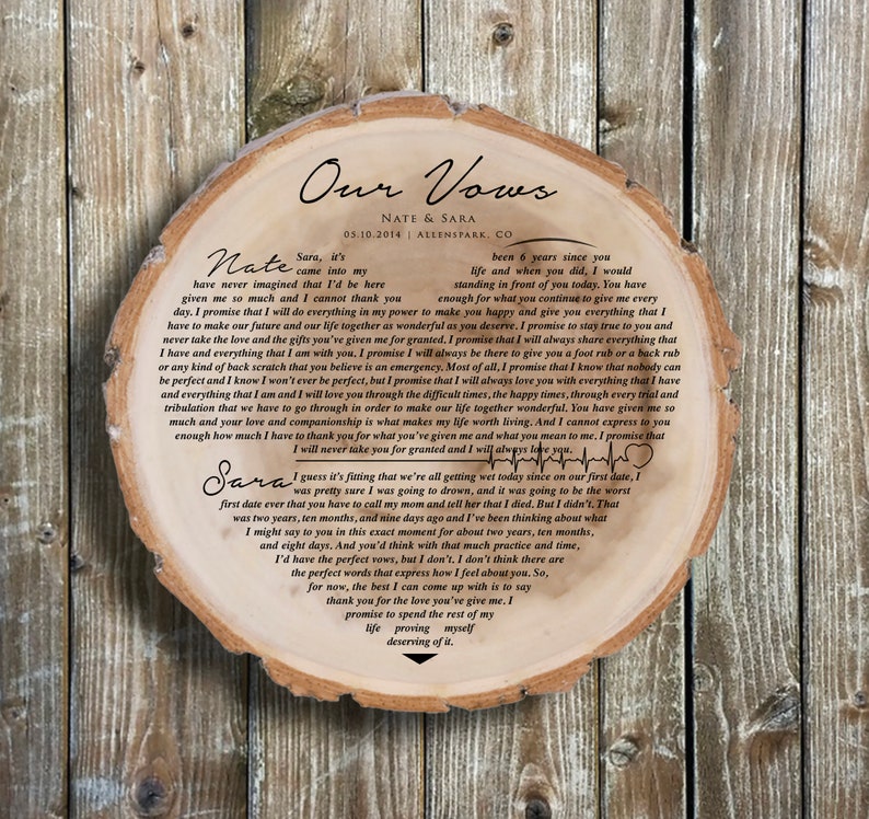 Wedding Vows, Engraved Heart Shape, Personalized Wedding, 5th, 10th Anniversary Gift 89 Old West Wood, Custom Design, Valentine Gifts image 6