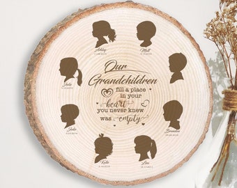 Engraved Wood Slice: Grandchildren Silhouette, Custom Family Art