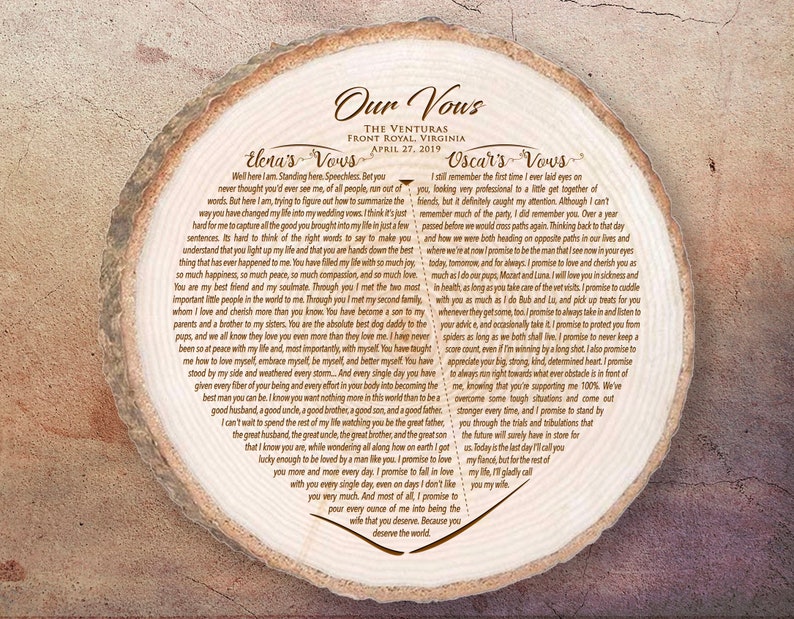 Wedding Vows, Engraved Heart Shape, Personalized Wedding, 5th, 10th Anniversary Gift 89 Old West Wood, Custom Design, Valentine Gifts Bigger Wood 10-11"