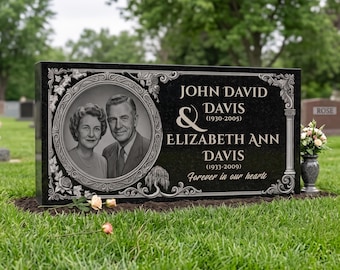 Vintage Style, Custom Black Granite Headstone, Laser Engraved Memorial Stone (Made in USA)