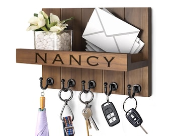 Personalized Wood Key Holder with Mail Organizer: Laser Engraved Custom Key Rack
