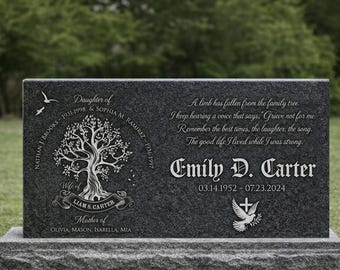 Custom Black Granite Family Headstone, Laser Engraved Memorial Grave Marker
