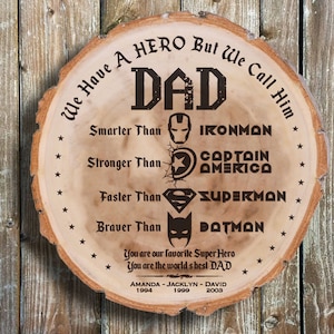 Personalized Father&#39;s Day Wood Slice: Superhero Dad Engraved Wall Sign