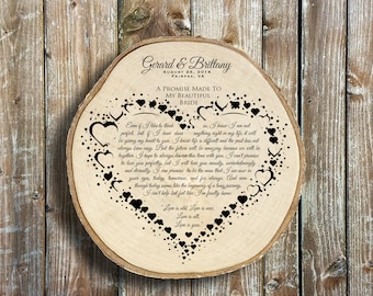 Engraved Heart Shape Vows Wall Sign, Personalized Wedding Promise, 5th, 10th Anniversary Gift 9" Old West Wood, Present Love,Valentine Gifts