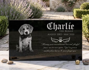 Personalized Black Granite Pet Memorial Marker with Photo – Engraved Pet Tombstone