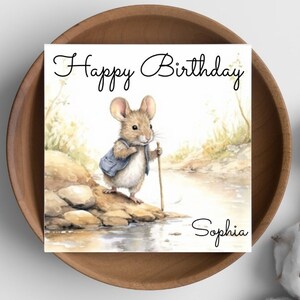 Personalize: Cute Field Mouse hiking next to a stream - Whimsical greetings card - Personalised