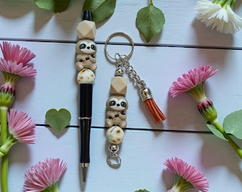 Cute Sloth Pen or Keyring | Lazy Sloth Charm Gift | Silicone Bead Keychain | Animal Lover Gift | Stocking Filler | Cute Stationery