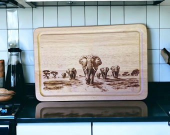Elephant Safari - African Wildlife - Kitchen Chopping Platter Serving Wooden Board