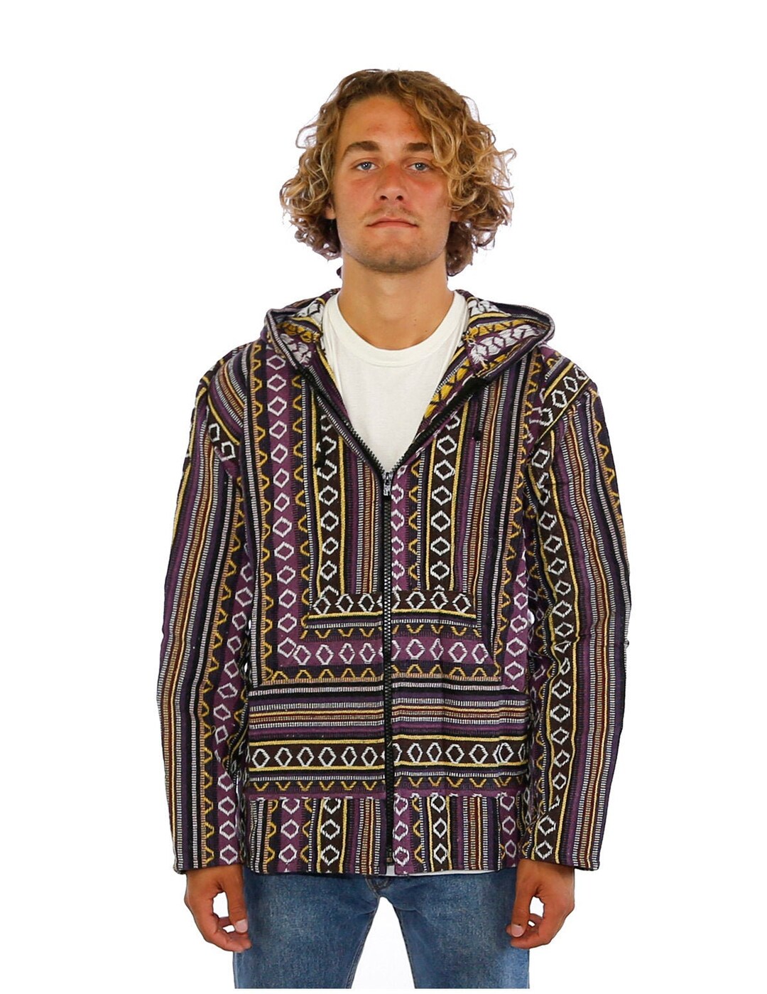 Woven Baja Hoodie Zip up Drug Rug Funky Hippie Hooded Jacket Etsy