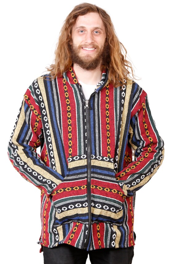 Woven Baja Hoodie Zip up Drug Rug Funky Hippie Hooded Jacket Etsy