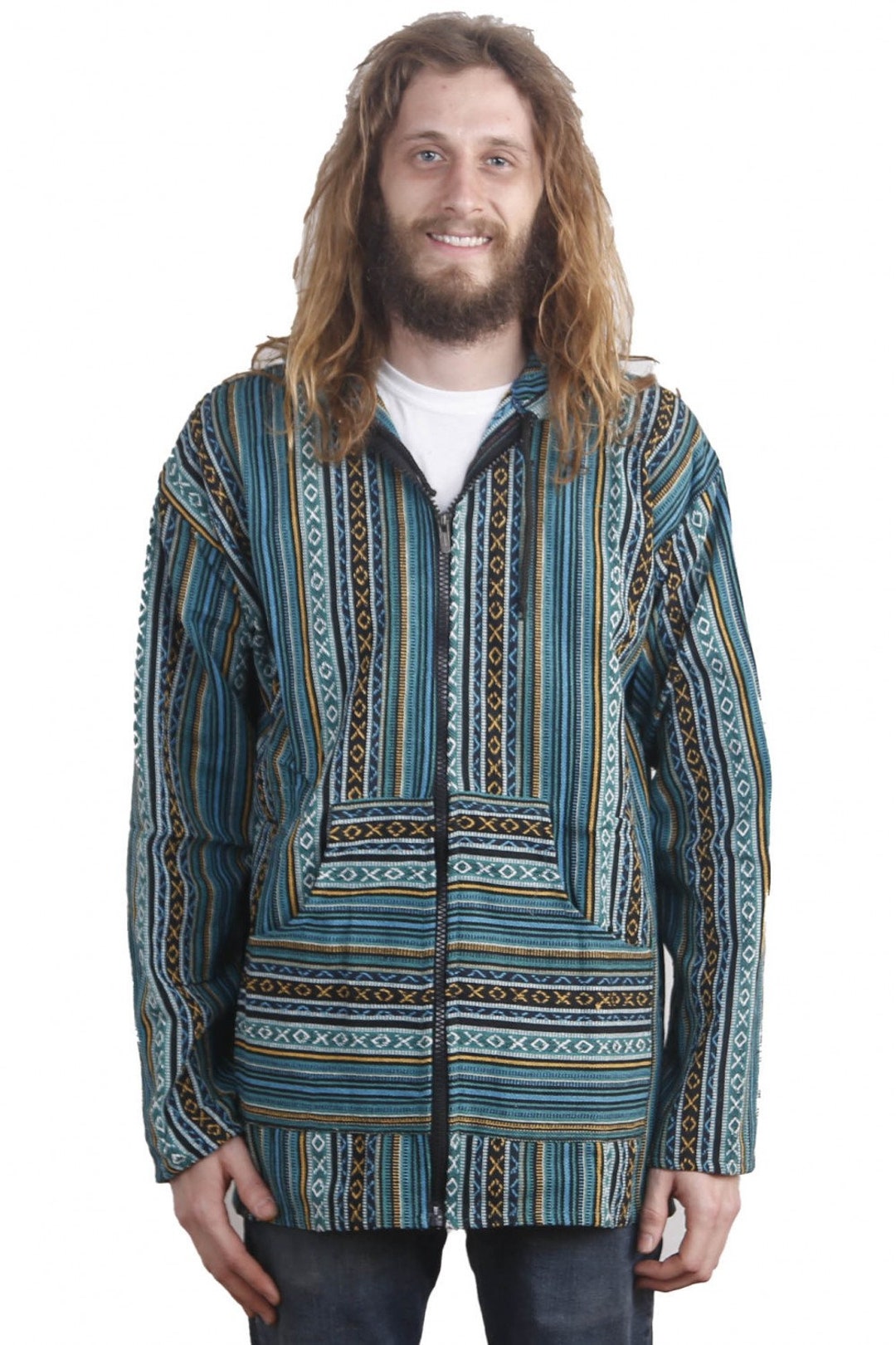 Woven Baja Hoodie Zip up Drug Rug Funky Hippie Hooded Jacket Etsy