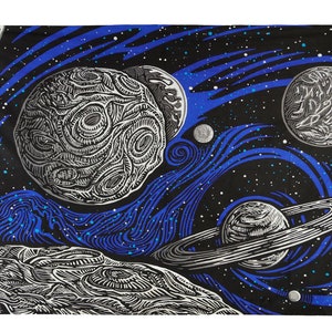 Glow In The Dark 3D Outer Space Tapestry Galactic Planet Black Light Reactive Wall Art Curtain Hand Screen Printed Two Sizes