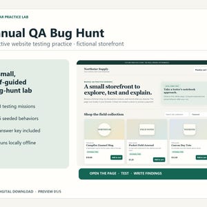 Może przedstawiać: Cyfrowy plik do pobrania zatytułowany Manual QA Bug Hunt od Northstar Practice Lab. Grafika przedstawia fikcyjny interfejs sklepu z listami produktów, misjami testowymi i instrukcjami do interaktywnego ćwiczenia testowania stron internetowych.