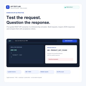 API Testing Practice Lab, Offline REST Simulator, Manual QA Exercises, Interactive Digital Download