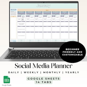 Puede incluir: Un ordenador portátil que muestra una hoja de cálculo de Google Sheets con una plantilla de planificador de redes sociales. La hoja de cálculo tiene el título "Enero" e incluye columnas para cada día de la semana. La plantilla está diseñada para la planificación diaria, semanal, mensual y anual. La hoja de cálculo es fácil de usar y personalizable.