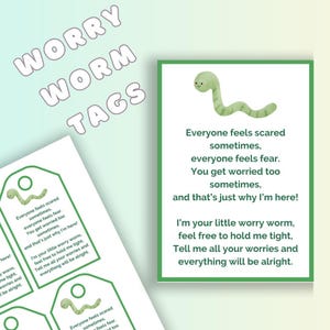 Etiquetas y tarjetas de regalo imprimibles con forma de gusano de la preocupación: proyecto de crochet complementario / Verde, salud mental, alivio de la ansiedad, habilidades de afrontamiento para niños