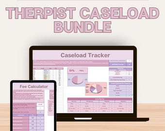 Puede incluir: Una plantilla de Google Sheets para terapeutas para realizar un seguimiento de su carga de trabajo y calcular las tarifas. La plantilla incluye un rastreador de carga de trabajo con un gráfico circular que muestra un 51% de llenado, y un calculador de tarifas con una tabla de tarifas para diferentes servicios.