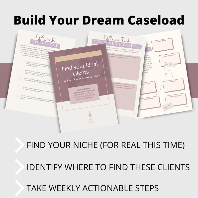 Private Practice Therapist
Build your Dream therapy caseload
Find Your Niche
 Online Coach Tools
 Niche Workbook
 Ideal Client Avatar
 Ideal Client Guide
Workbook
 Niche Clarity Tool
 Dream Client Tool
 Target Customer
 Customer Profile
 Marketing Planner
 Brand Clarity
 Client Strategy