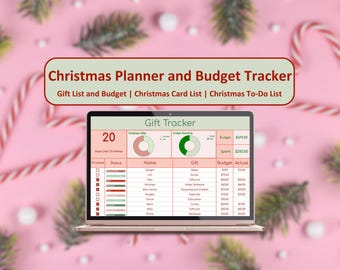 May include: A laptop computer screen displaying a Christmas planner and budget tracker spreadsheet. The spreadsheet includes a gift list, budget, and actual spending. The spreadsheet is titled "Gift Tracker" and shows a progress bar for gifts purchased. The spreadsheet also includes a pie chart showing the percentage of gifts purchased and a pie chart showing the percentage of budget spent.