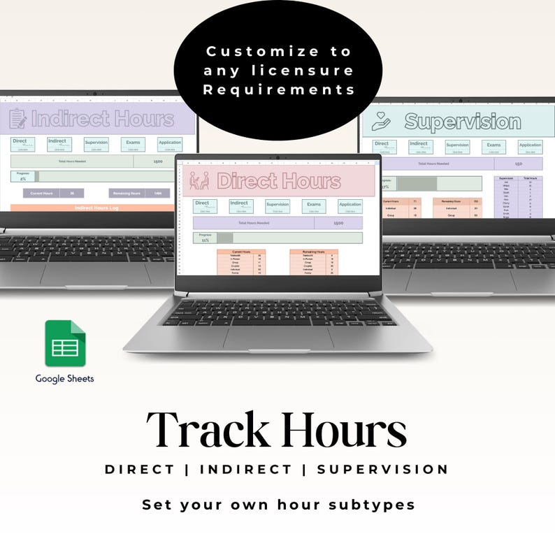 May include: Three laptop computer screens displaying Google Sheets spreadsheets with the titles "Indirect Hours", "Direct Hours", and "Supervision". The text "Customize to any licensure Requirements" is at the top of the image. The text "Track Hours DIRECT | INDIRECT | SUPERVISION Set your own hour subtypes" is at the bottom of the image.