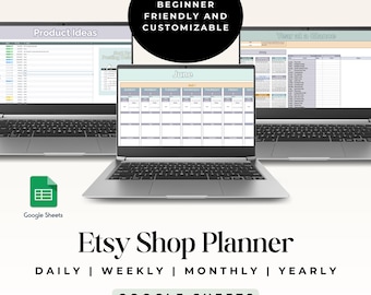 May include: Three laptops displaying Google Sheets templates for Etsy shop planning. The central laptop shows a June calendar layout. Text includes "Etsy Shop Planner," "Daily, Weekly, Monthly, Yearly," and "Beginner Friendly and Customizable."