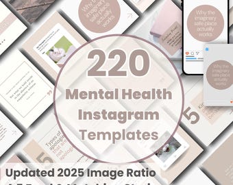 220 Mental Health Instagram Templates - 2025 Feed 4:5 & Stories, Editable Canva Posts for Therapists, Social Media Content, Wellness Kit