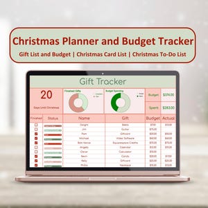 May include: A laptop computer screen displaying a Christmas gift tracker spreadsheet. The spreadsheet includes columns for name, gift, budget, and actual amount spent. The spreadsheet also includes two pie charts, one showing the percentage of gifts finished and the other showing the percentage of the budget spent. The spreadsheet shows that there are 20 days until Christmas.
